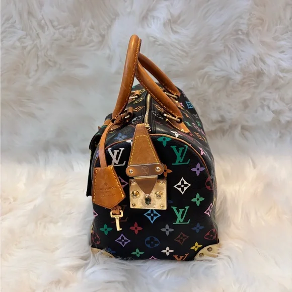 Louis Vuitton Black Multicolor Monogram Speedy Satchel with Tan Leather - Picture 4 of 17